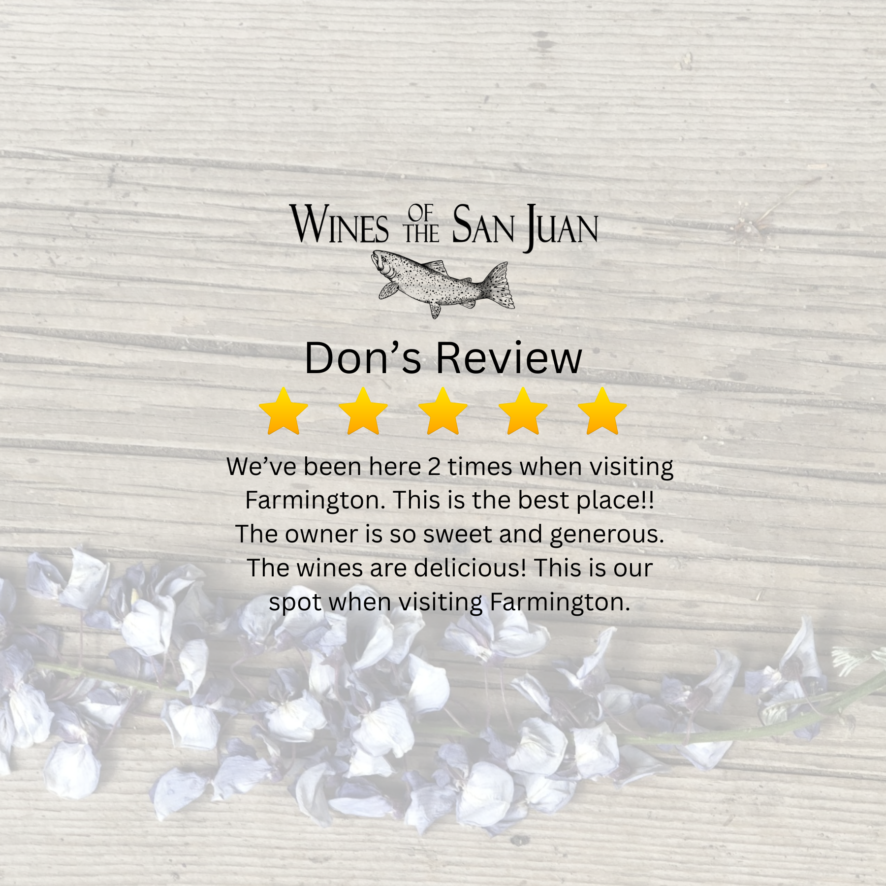 A wine review card with the text 'Wines of the San Juan', featuring a fish illustration and a five-star rating, over a wooden background with dried lavender flowers at the bottom.