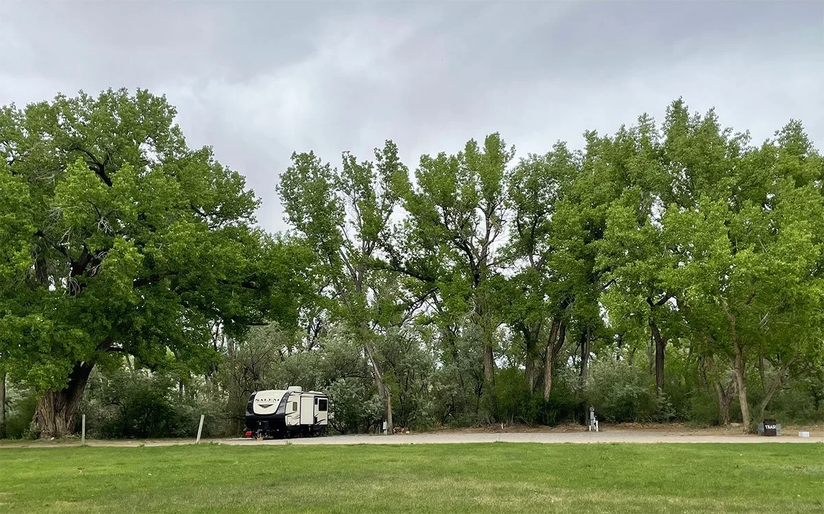 A travel trailer parked in a grassy area with trees in the background and overcast sky overhead.
