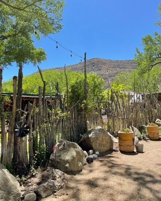 Outdoor rustic garden with large rocks and ceramic pots, wooden fence made from tree branches, green trees, hillside, blue sky, and string lights overhead.