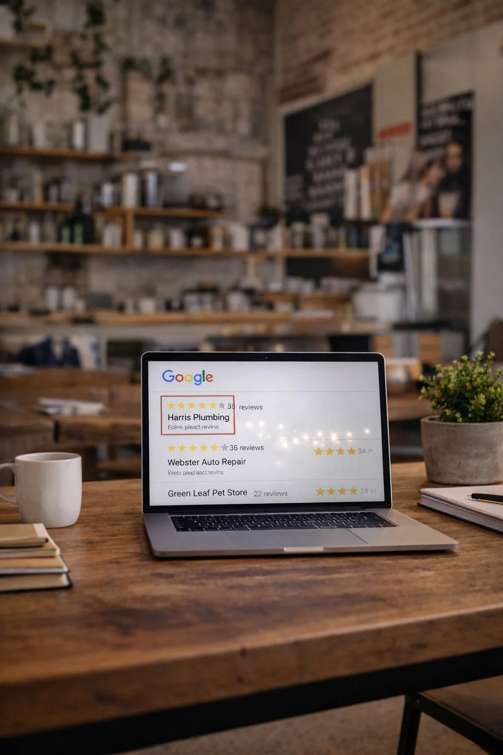 Laptop displaying Google search results for local businesses, including Harris Plumbing, Webster Auto Repair, and Green Leaf Pet Store, on a wooden desk in a cozy cafe or workspace.