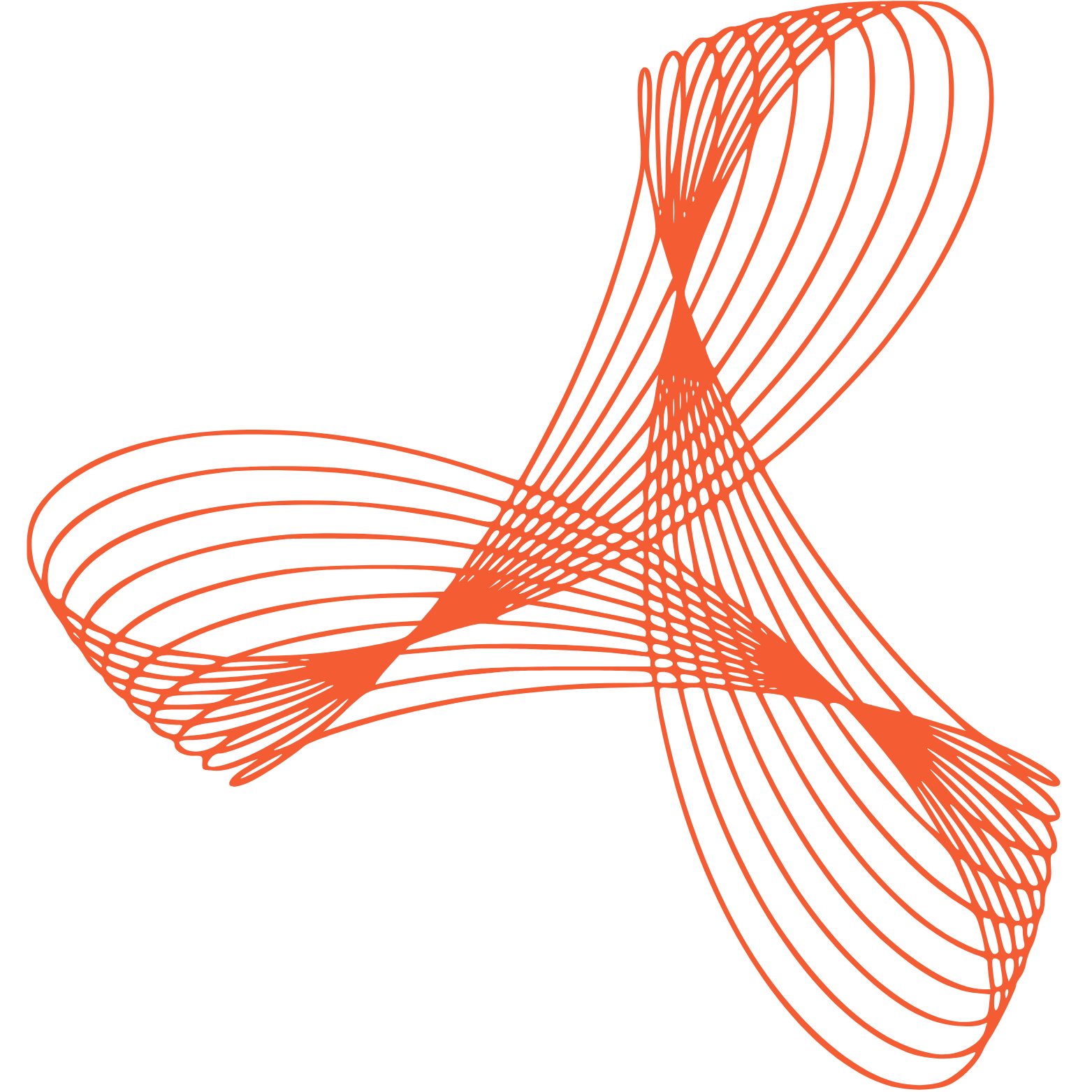 Abstract 3D geometric shape with flowing curved lines in orange on a black background.