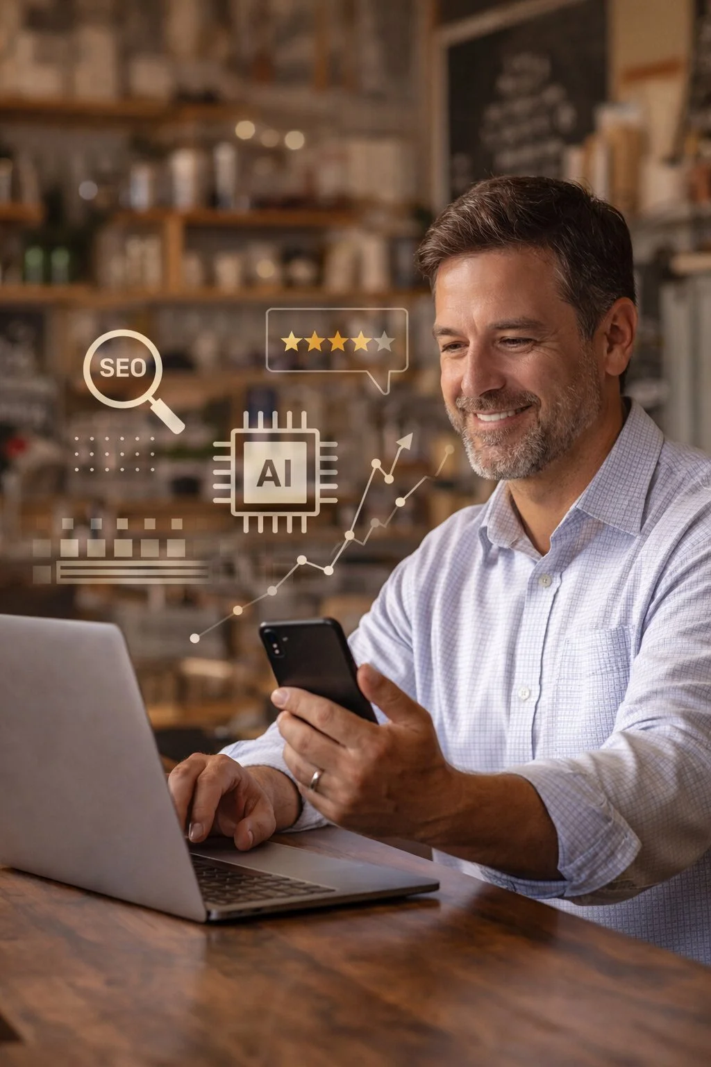 A smiling man using a smartphone in front of a laptop with floating digital icons representing SEO, AI, graph, and ratings.