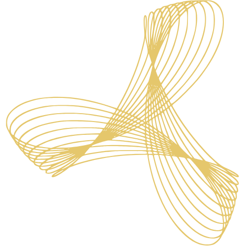 Abstract geometric design with gold curved lines forming a complex, symmetrical shape on a black background.