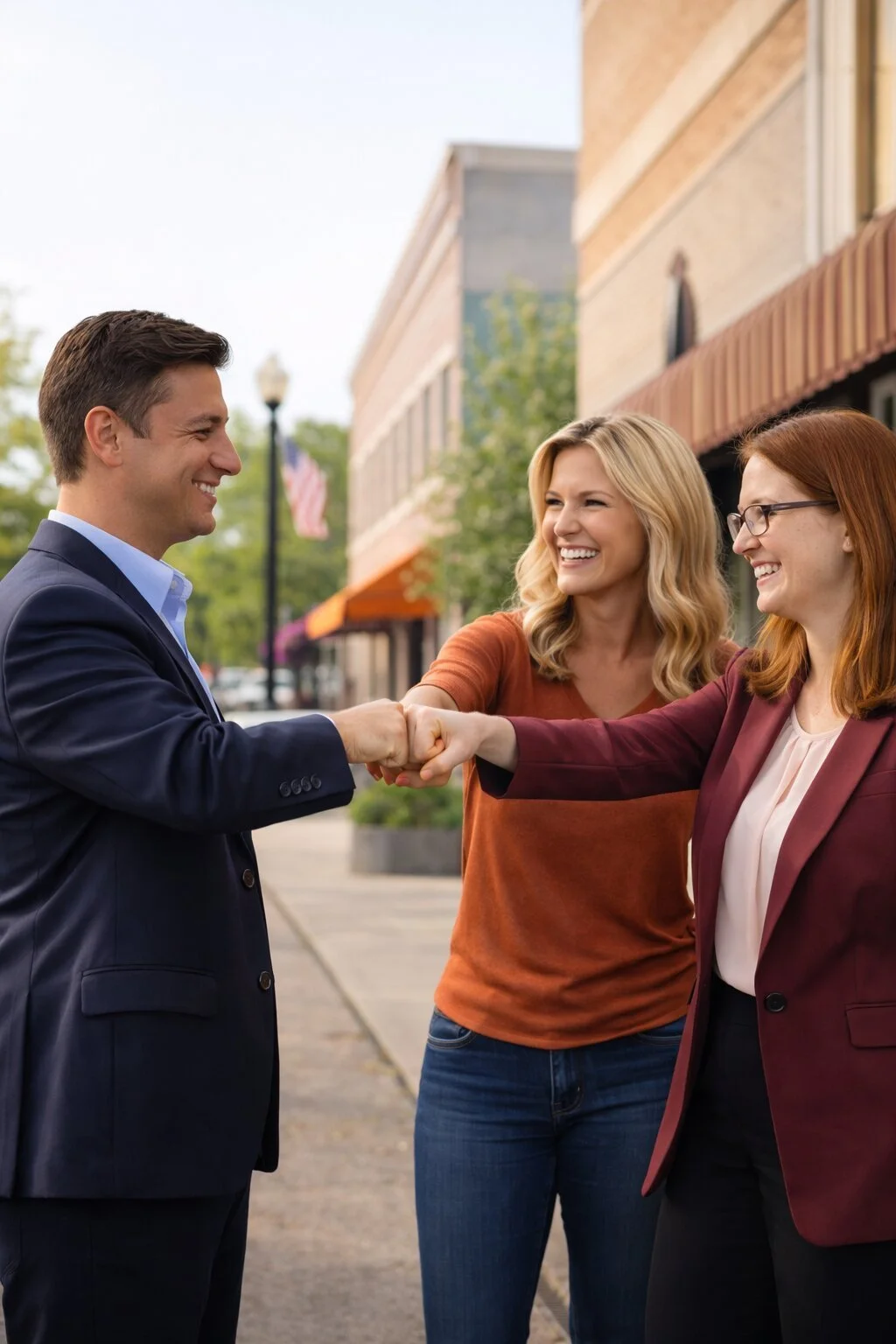 A man and two women smiling and fist bumping on a city sidewalk.