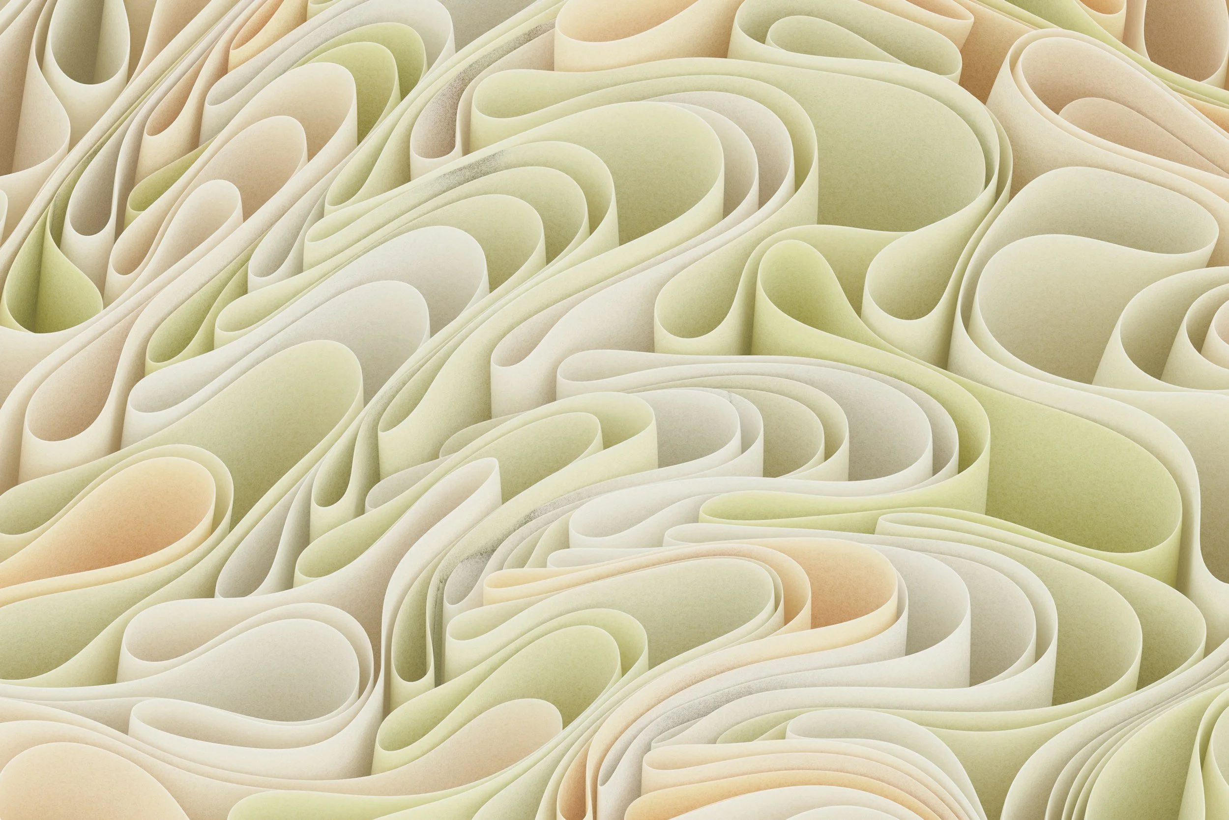 Close-up of layered, curved paper sheets in pastel shades of cream, pink, and green forming an abstract pattern.
