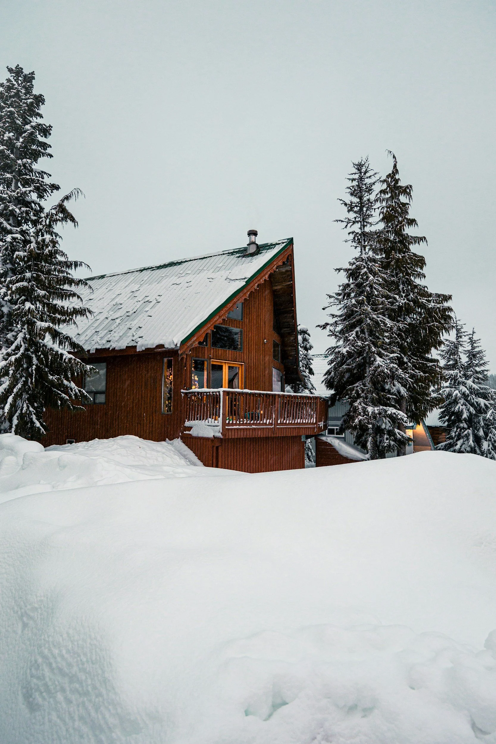 A wooden house with a green metal roof surrounded by snow-covered trees and ground.