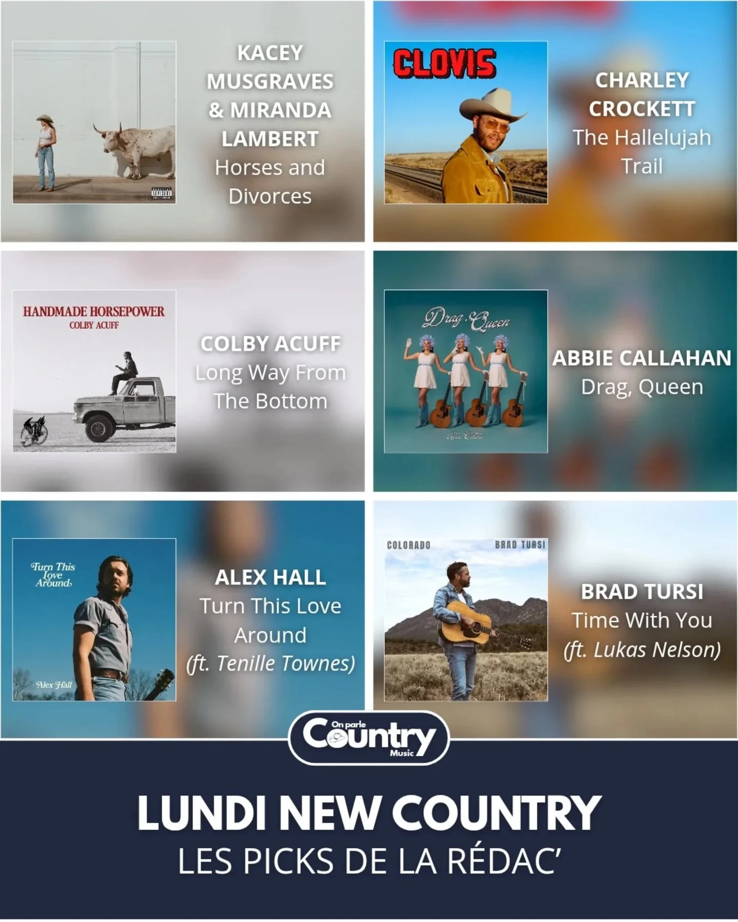 Lundi New Country, c'est aujourd&rsquo;hui 🫡

4️⃣0️⃣ nouveaux titres chin&eacute;s la semaine derni&egrave;re et nos coups de c&oelig;ur qu&rsquo;on vous partage :
- la collab&rsquo; @spaceykacey x @mirandalambert ;
- le premier titre du nouvel albu
