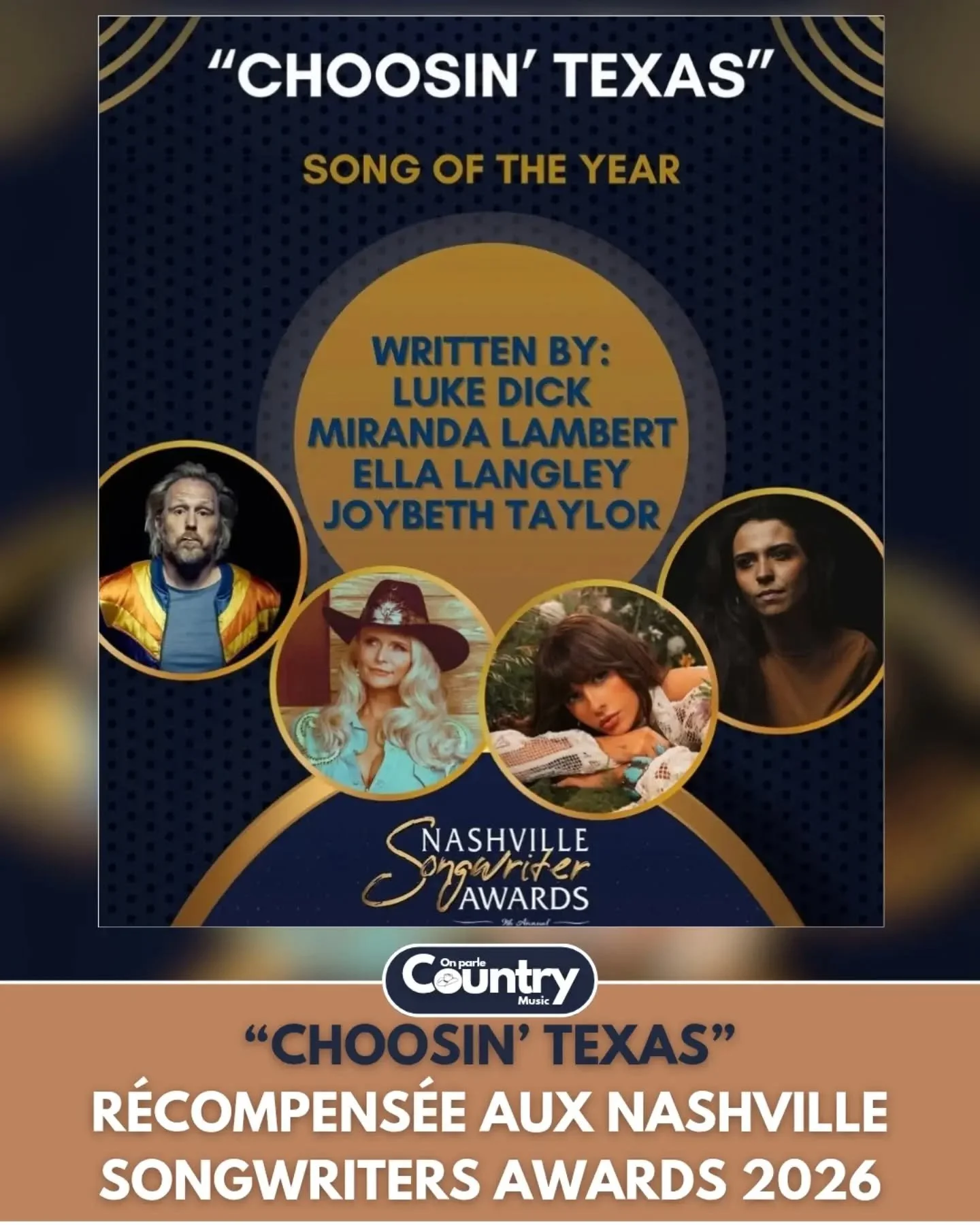 On n'arr&ecirc;te plus "Choosin' Texas" 🤯

C&eacute;r&eacute;monie peu connue mais qui me tient particuli&egrave;rement &agrave; c&oelig;ur, les Nashville Songwriters Awards permettent aux auteurs-compositeurs de la ville de se r&eacute;co
