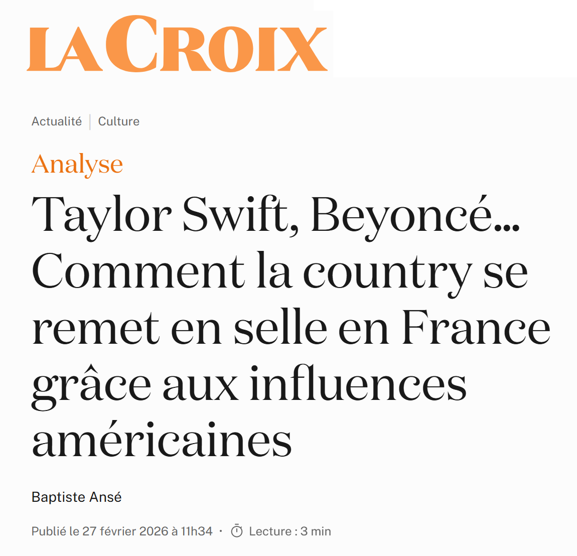 Introduction d'un article du journal La Croix dans lequel "On Parle Country Music" est intervenu en tant qu'expert en country US contemporaine