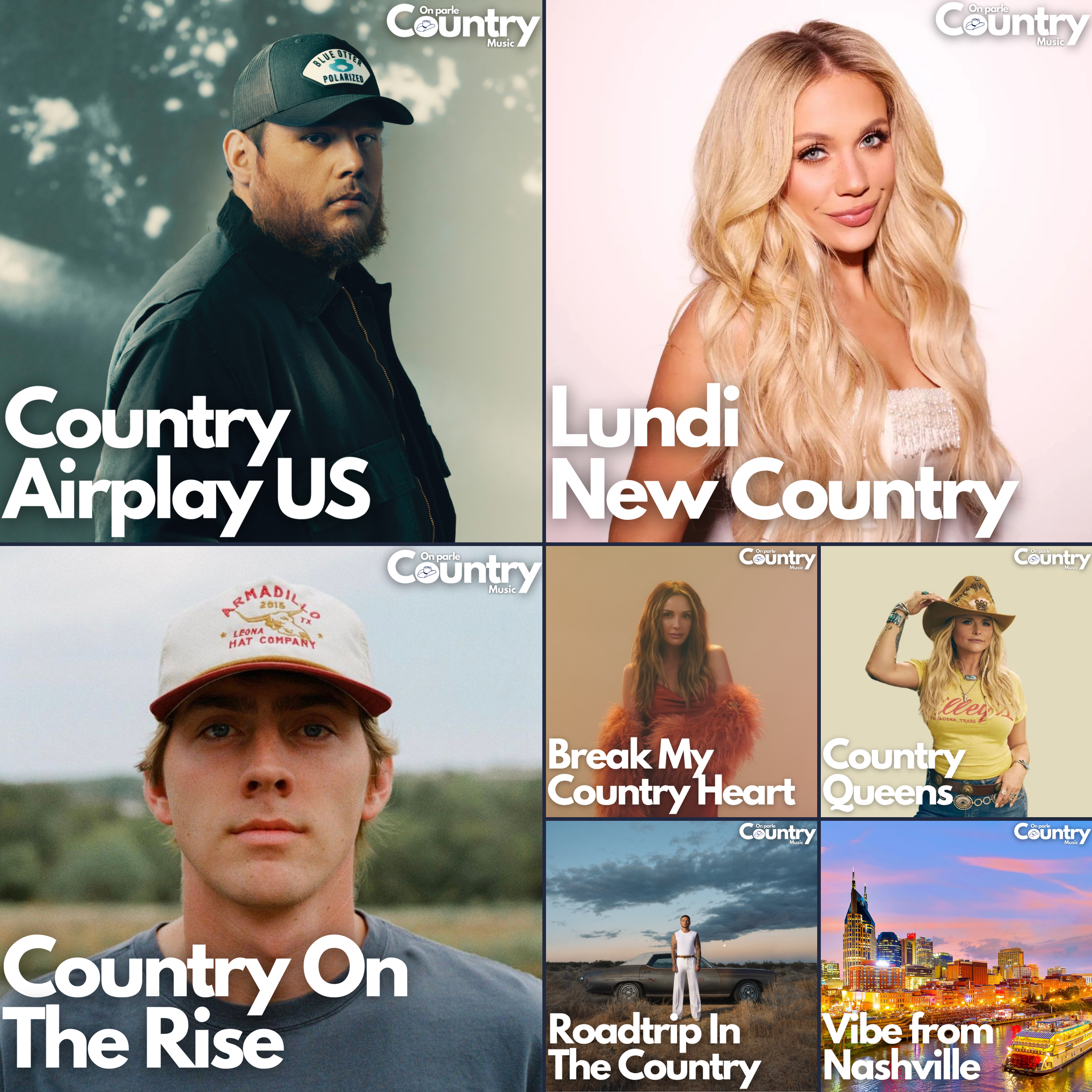 Collage de six images de couvertures de nos playlists : 'Country Airplay US', 'Lundi New Country', 'Country On The Rise', 'Roadtrip In The Country', 'Vibe from Nashville', 'Break My Country Heart' et 'Country Queens'.