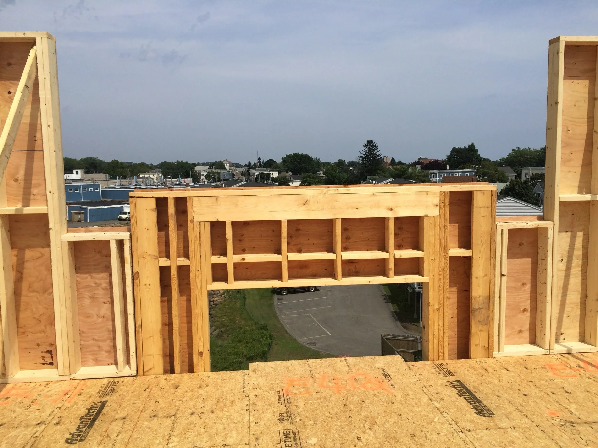 Wood framing of a building under construction 