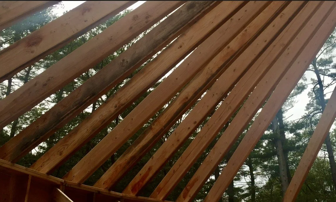 Wooden roof framework under construction with angled beams