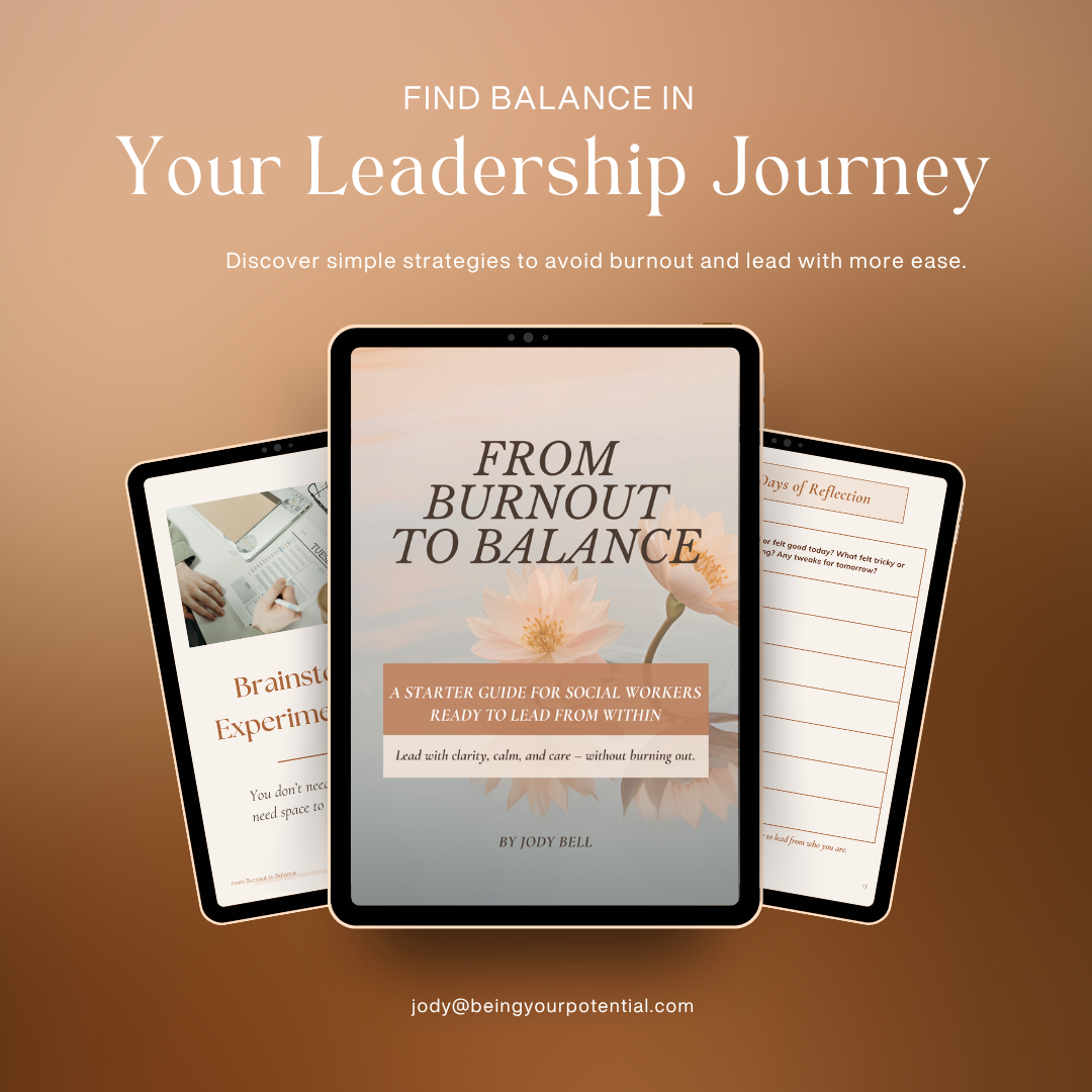 Digital image of a promotional display for a guide titled 'From Burnout to Balance' by Jody Bell. The display features three tablets showing pages of the guide, with the central tablet displaying the cover with a lotus flower background and the title. The background is a gradient shade of brown, and the email jody@beingyourpotential.com is at the bottom.