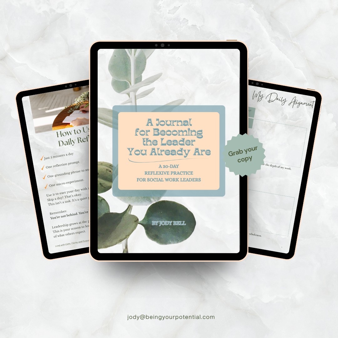Cover of a digital journal titled "A Journal for Becoming the Leader You Already Are" by Jody Bell, with greenery in the background, displayed on a marble surface along with two other pages of the journal in the background.