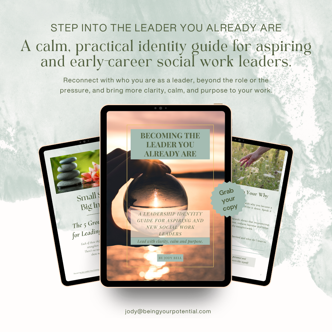 Cover of a leadership guidebook titled "Becoming the Leader You Already Are" with a sunset background and three digital tablets displaying related content, including a stone stack and a hand in a field.