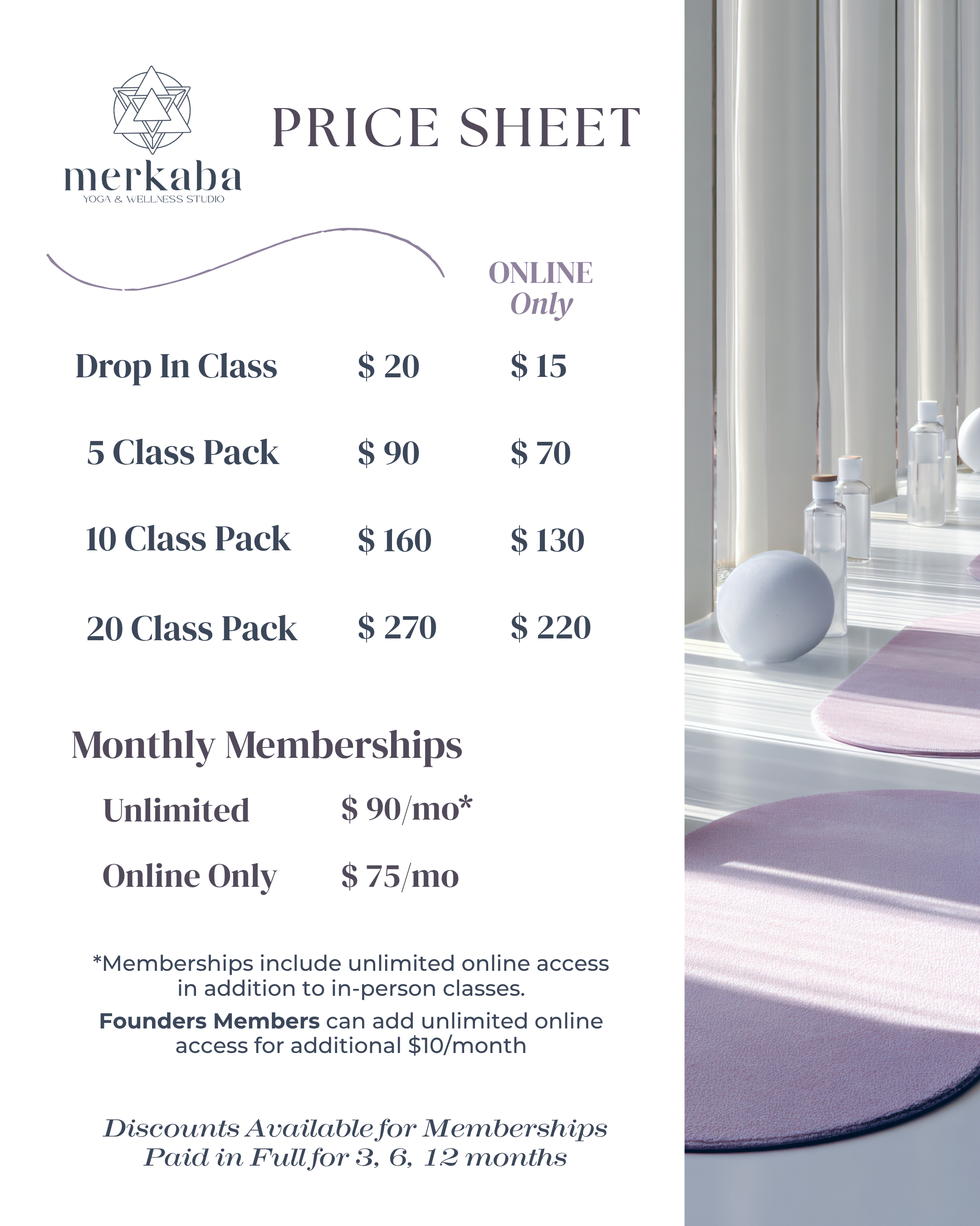 Price list for Merkaba Yoga & Wellness Studio, showing different class packages with prices, online memberships, and discounts, with a serene yoga studio background featuring a mirror, curtains, and yoga props.