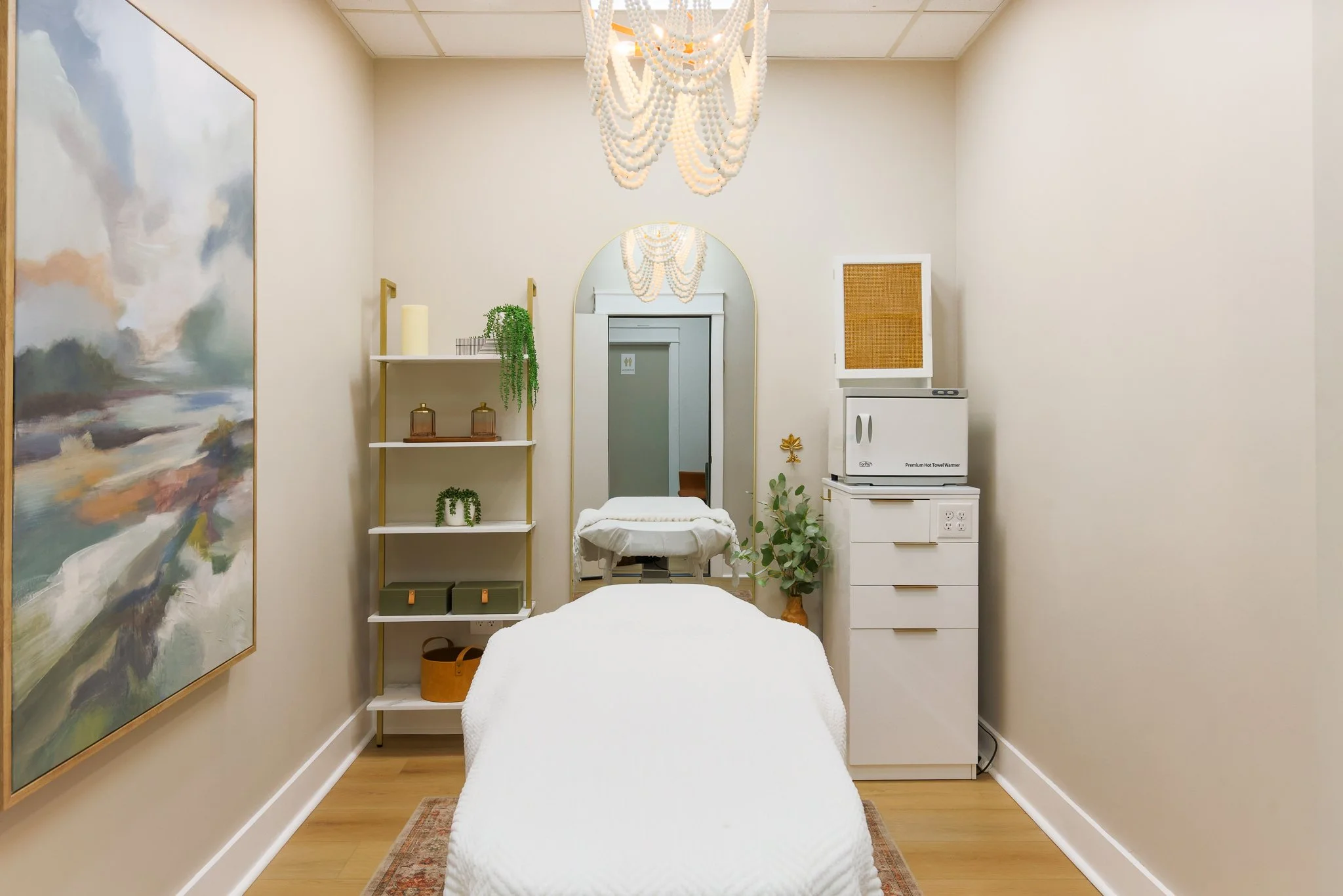 Treatment room with massage table, greenery, abstract art on wall, shelving, mirror, and medical equipment.