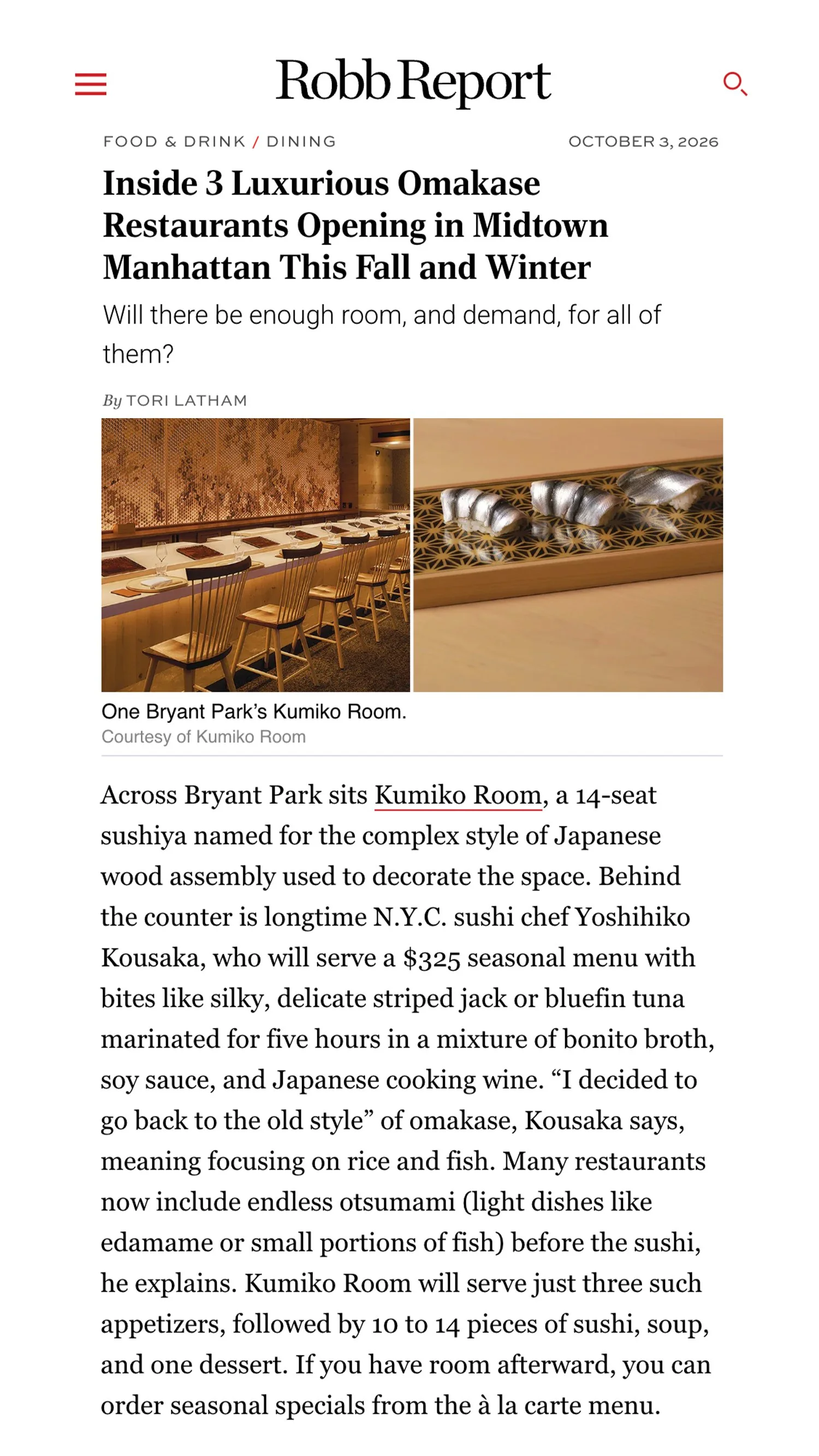 Robb Report: Inside 3 Luxurious Omakase Restaurants Opening in Midtown Manhattan This Fall and Winter
