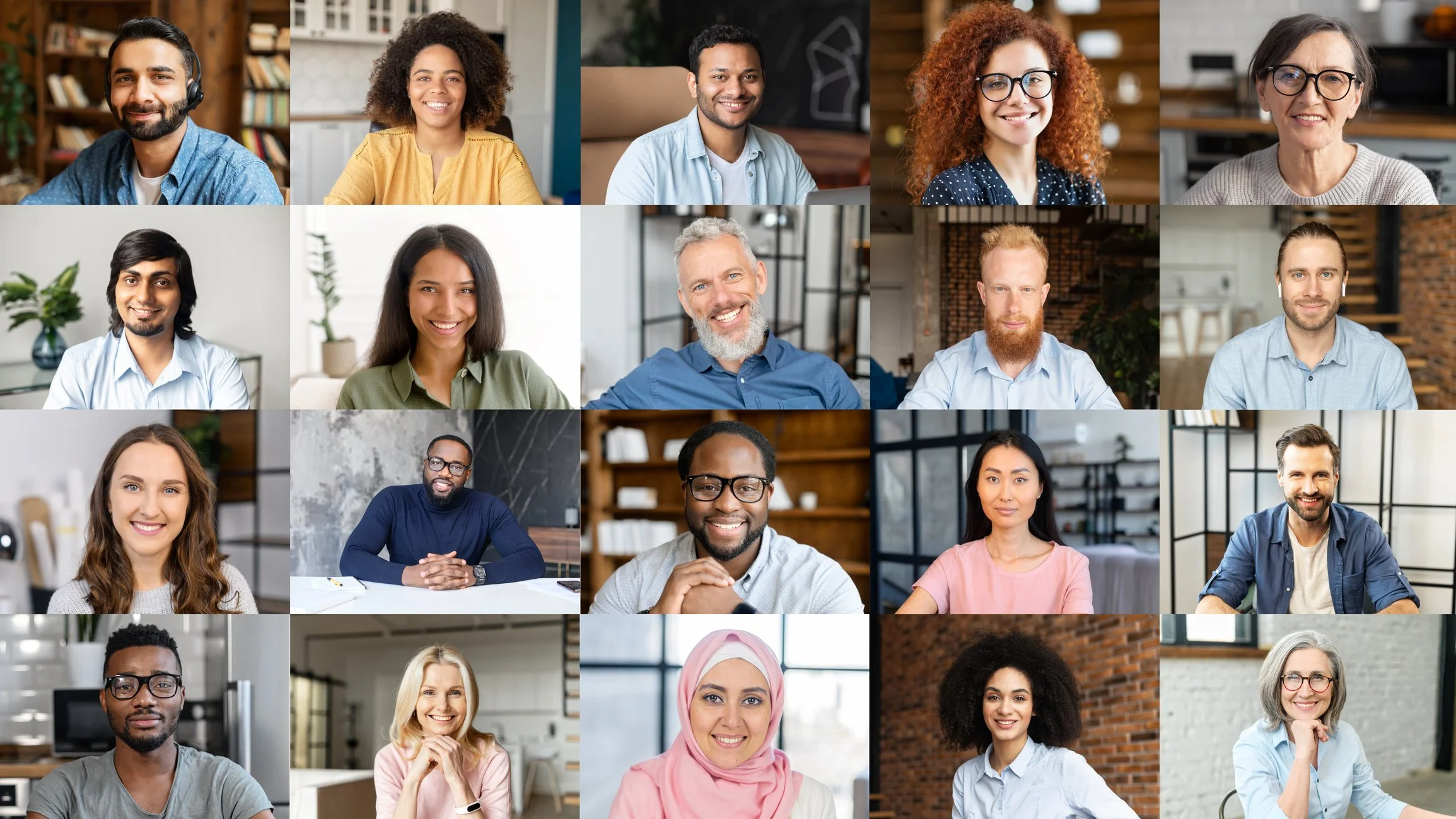 A diverse group of 20 people in a virtual meeting grid, smiling and looking at the camera, in various home and office settings.