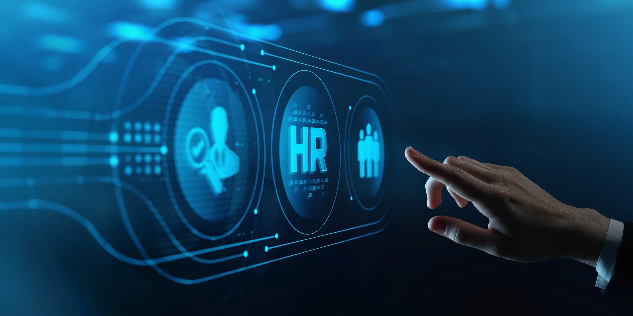 Digital graphic of Human Resources (HR) interface with icons of a person, HR text, and a group of people, with a hand interacting.