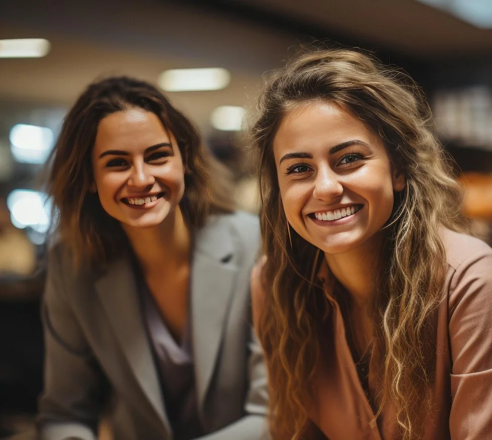 Two women smiling and posing for a photo indoors, one in a gray blazer and the other in a brown jacket.