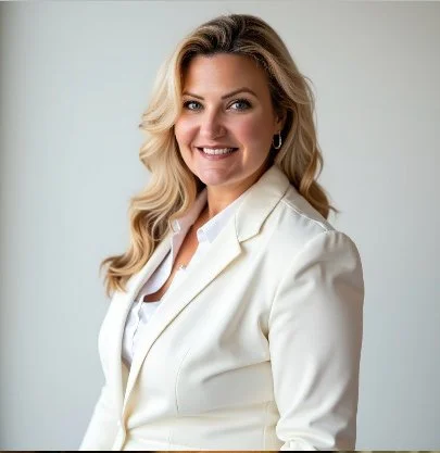 A woman with long blonde hair, wearing a white blazer and white top, smiling at the camera against a plain light background.