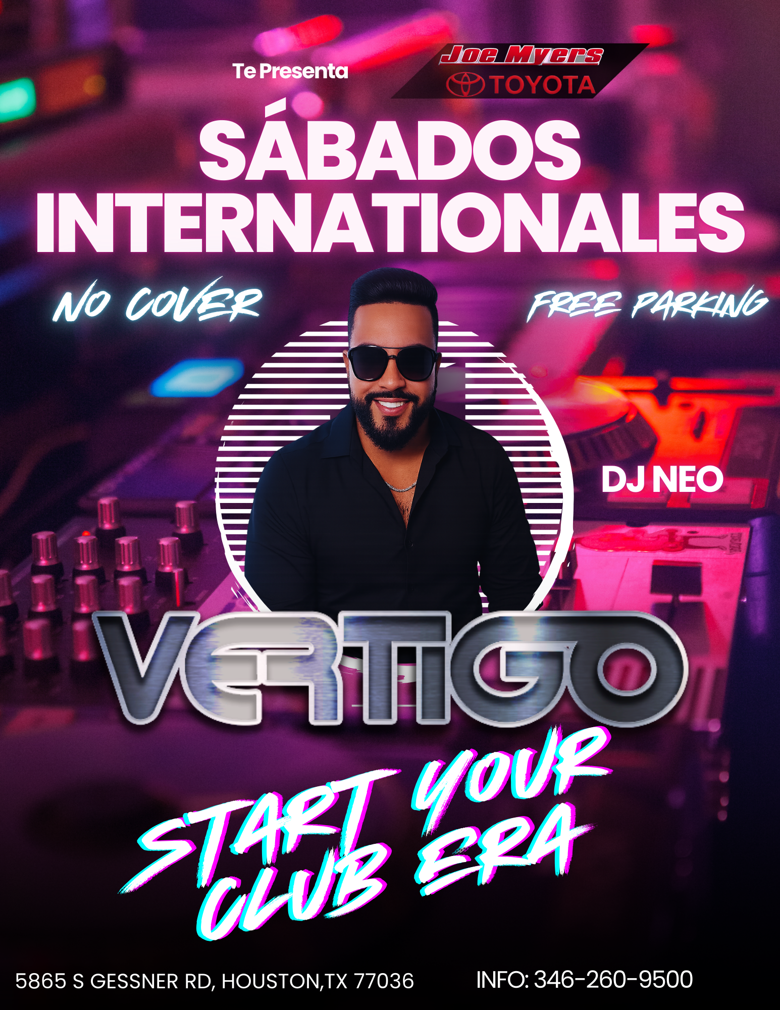 Event poster advertising Saturday night international club event with DJ Neo at a nightclub, featuring neon lights, a DJ mixing board, and a man in sunglasses and black shirt.