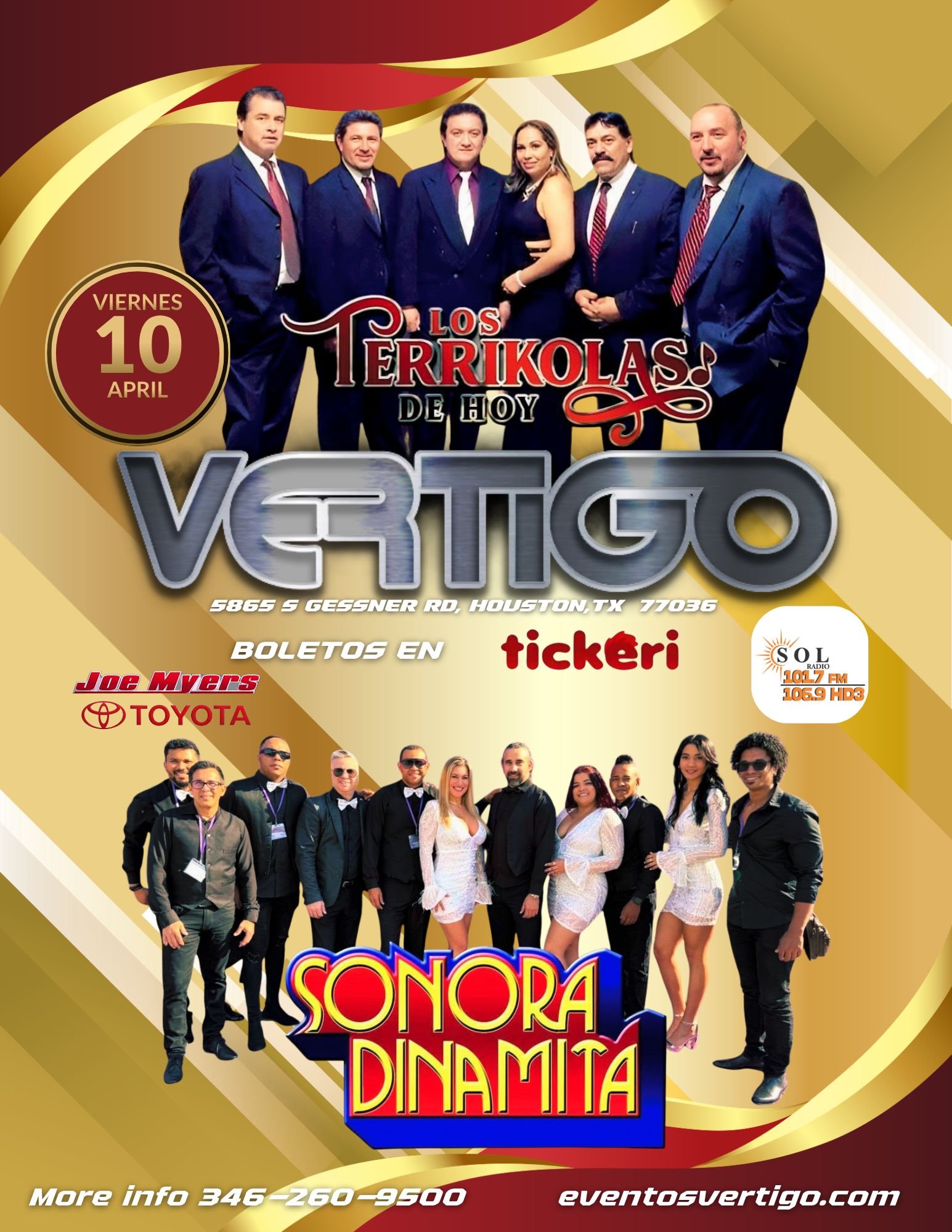 Event poster featuring musical groups Los Terrícolas de Hoy and Sonora Dinamita, scheduled for April 10th at Vértigo in Houston, TX. The poster shows group photos, event details, ticket purchase info, and contact number.
