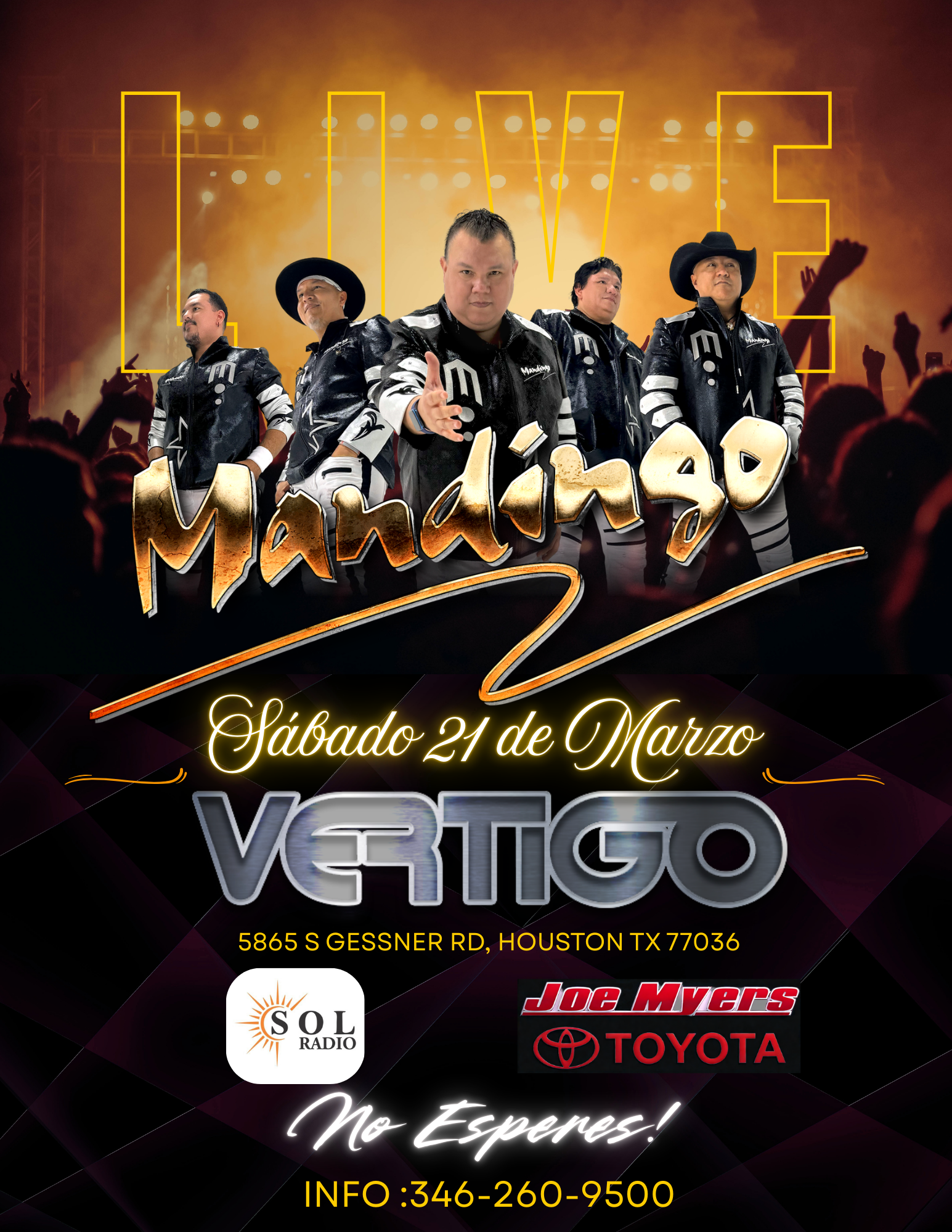 Concert poster for Mandingo 2 performing on Saturday, March 21 at VETIGO, located at 5865 S Gessner Rd, Houston, TX 77036. The poster features a band with five members dressed in black and white outfits, standing on a stage with orange lighting and an audience silhouette. The text includes logos for SOL Radio and Joe Myers Toyota, and a contact phone number 346-260-9500.