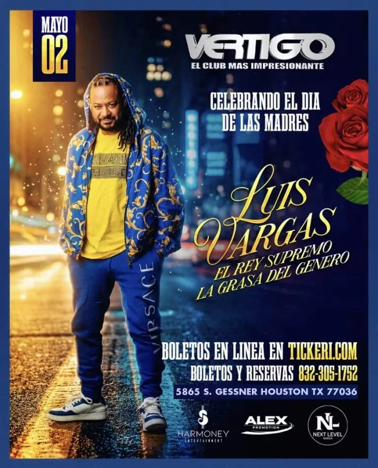 Event poster promoting a concert by Luis Vargas on May 2 at Vertigo nightclub, celebrating Mother's Day, featuring his name and images of roses.