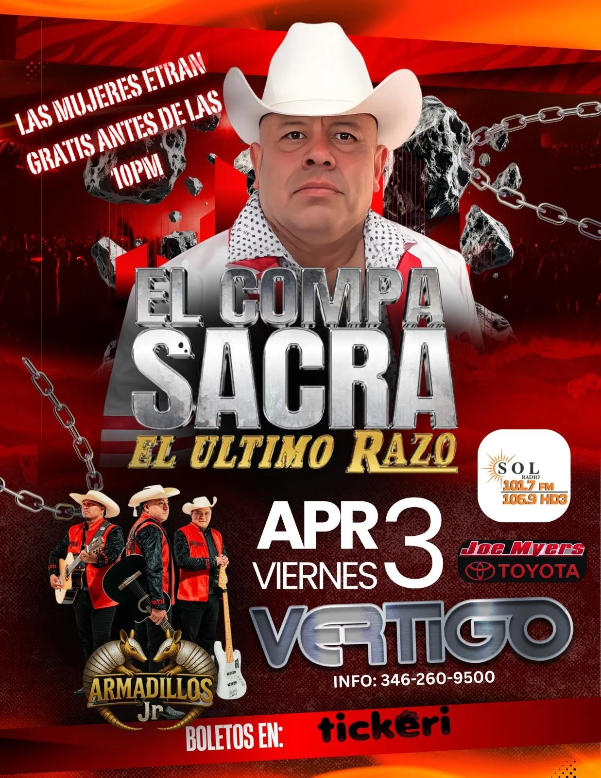 Poster advertising a concert by El Compa Sacra titled 'El Último Razo,' scheduled for April 3rd at VERTIGO club Houston, featuring a man in a cowboy hat, with images of a band called Armadillos Jr. and contact information.