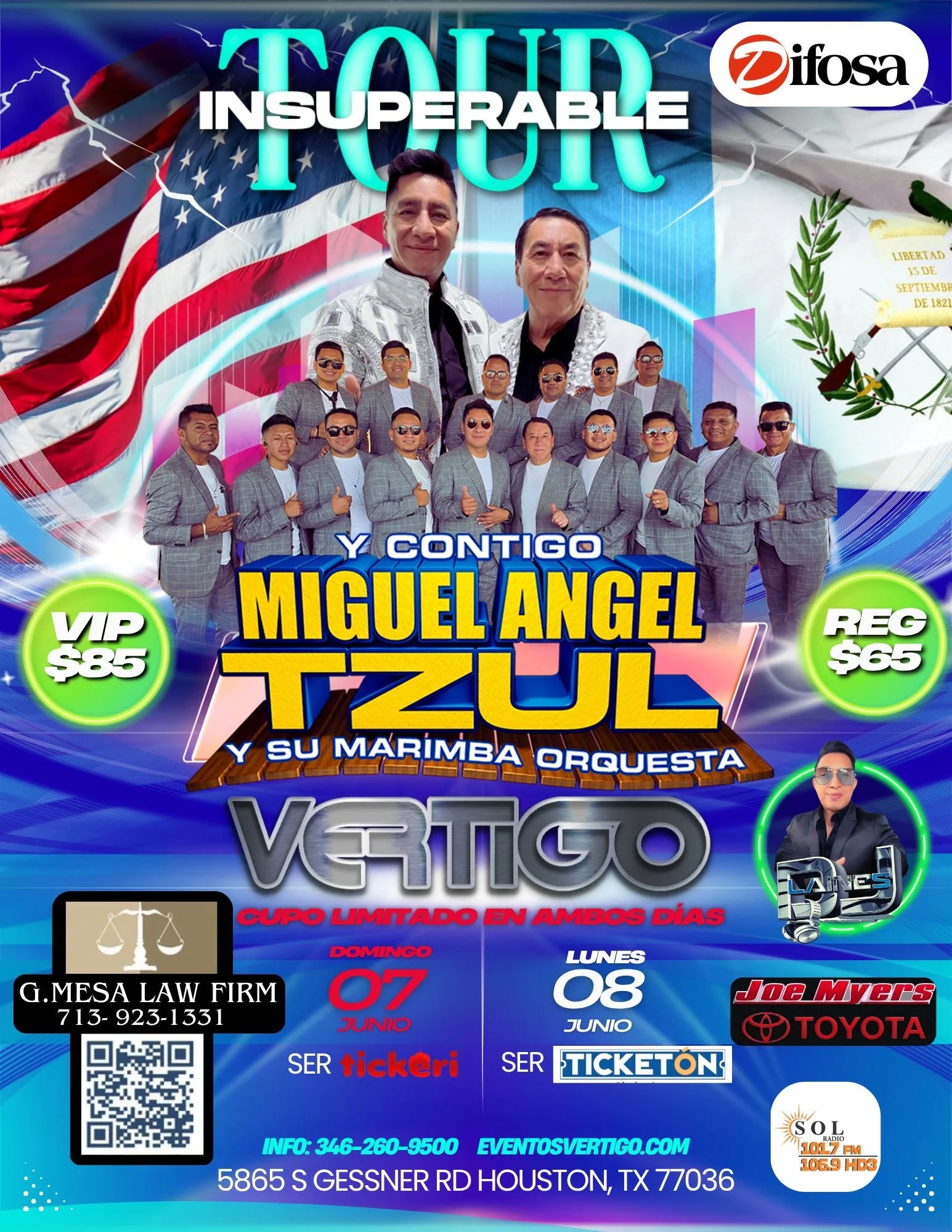 Concert poster for Toro Insubparable with Miguel Angel Tuzul and his marimba orchestra. Includes images of the artist, venue details, ticket prices, and event dates in June, with American and Guatemalan flags, and logos of sponsors.