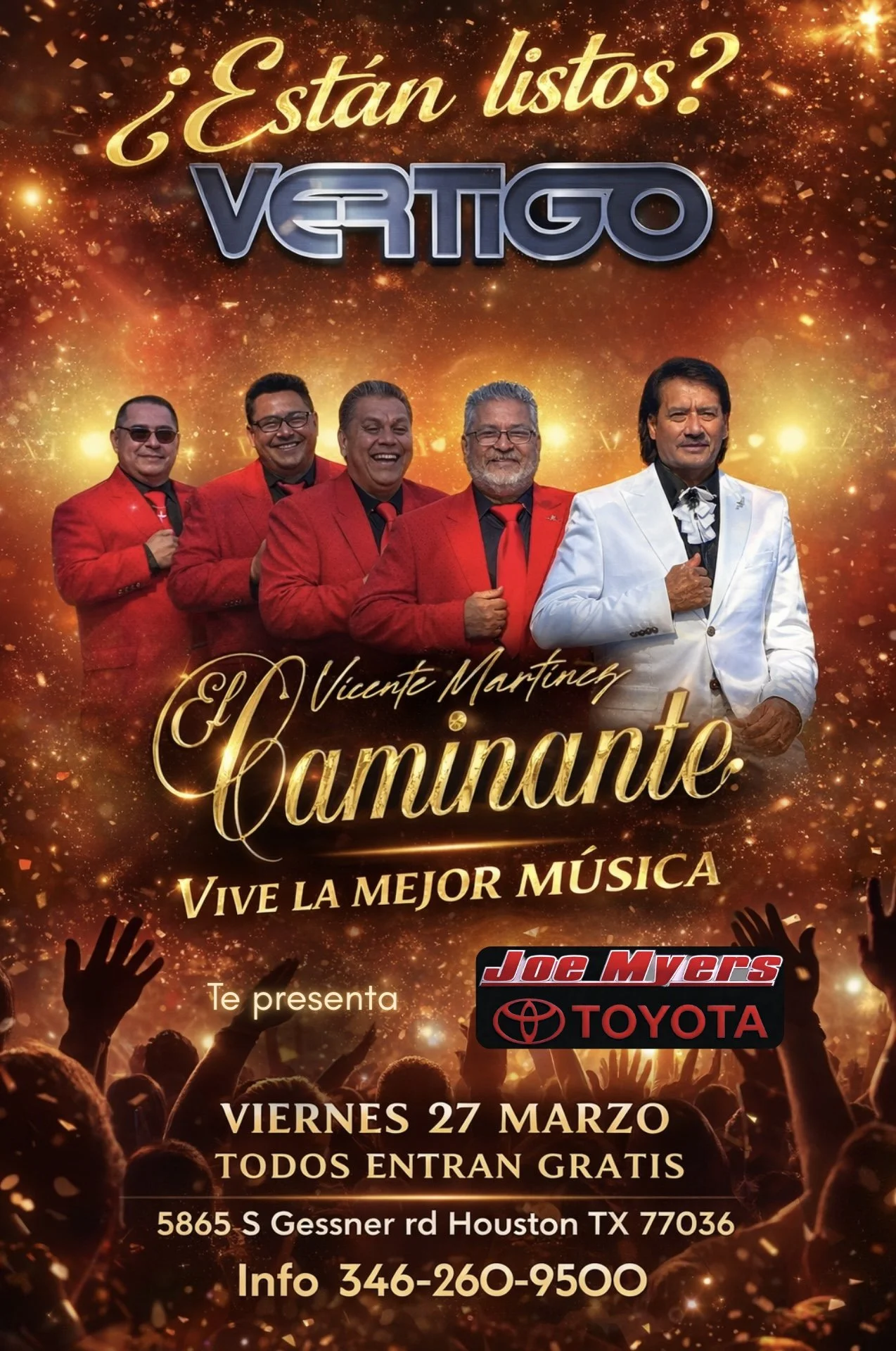 Event poster featuring Vicente Martínez El Caminante with a golden background, showing five men in red and white suits, advertising a live music concert on March 27 in Houston, Texas, with free entry, sponsored by Joe Myers Toyota.