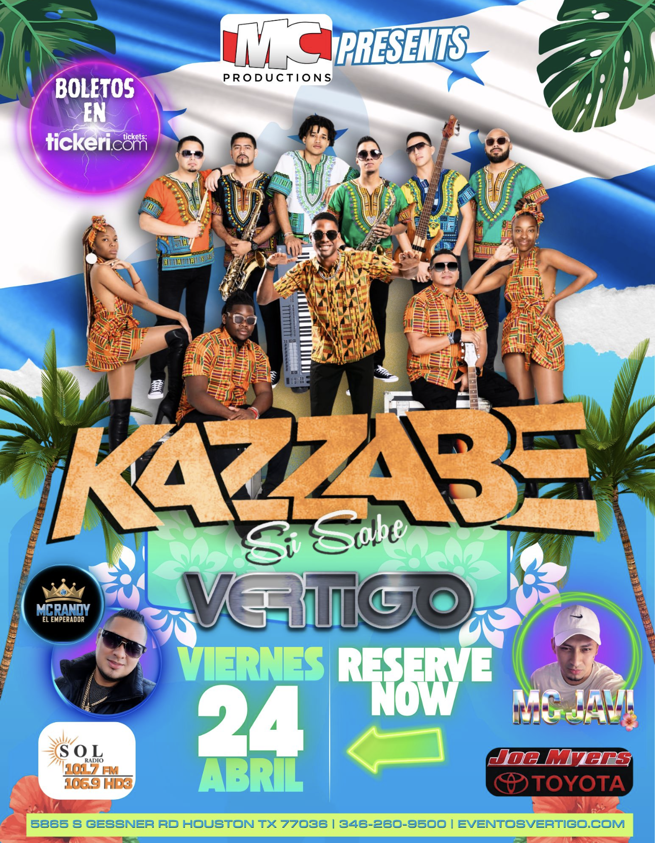 Promotional poster for a music event featuring Kazzabe Si Sabe and Vertigo, scheduled for April 24 in Houston, Texas, with images of musicians, tropical elements, and event details.