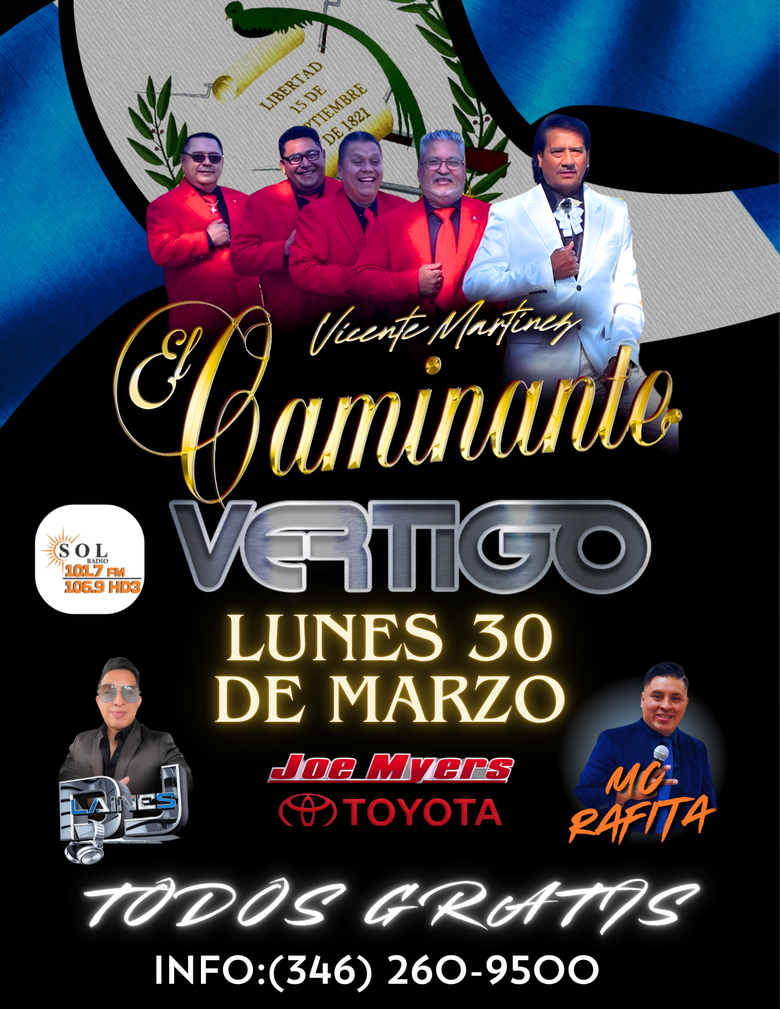 A promotional poster for a music event featuring Vicente Martinez El Camionero, scheduled for Monday, March 30, with performances by Joe Myers and MC Rafta. The poster includes images of the artists, logos for SOL Radio, and contact information, set against a background with the flag of Mexico.