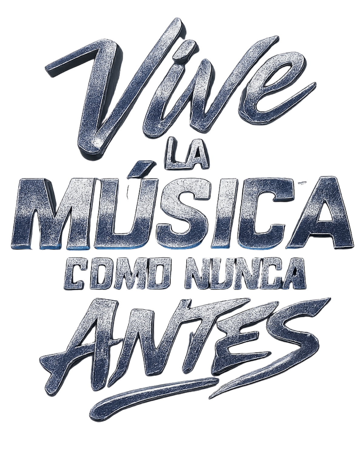 3D metallic text in Portuguese that says, 'Vive La Música Como Nunca Antes'.