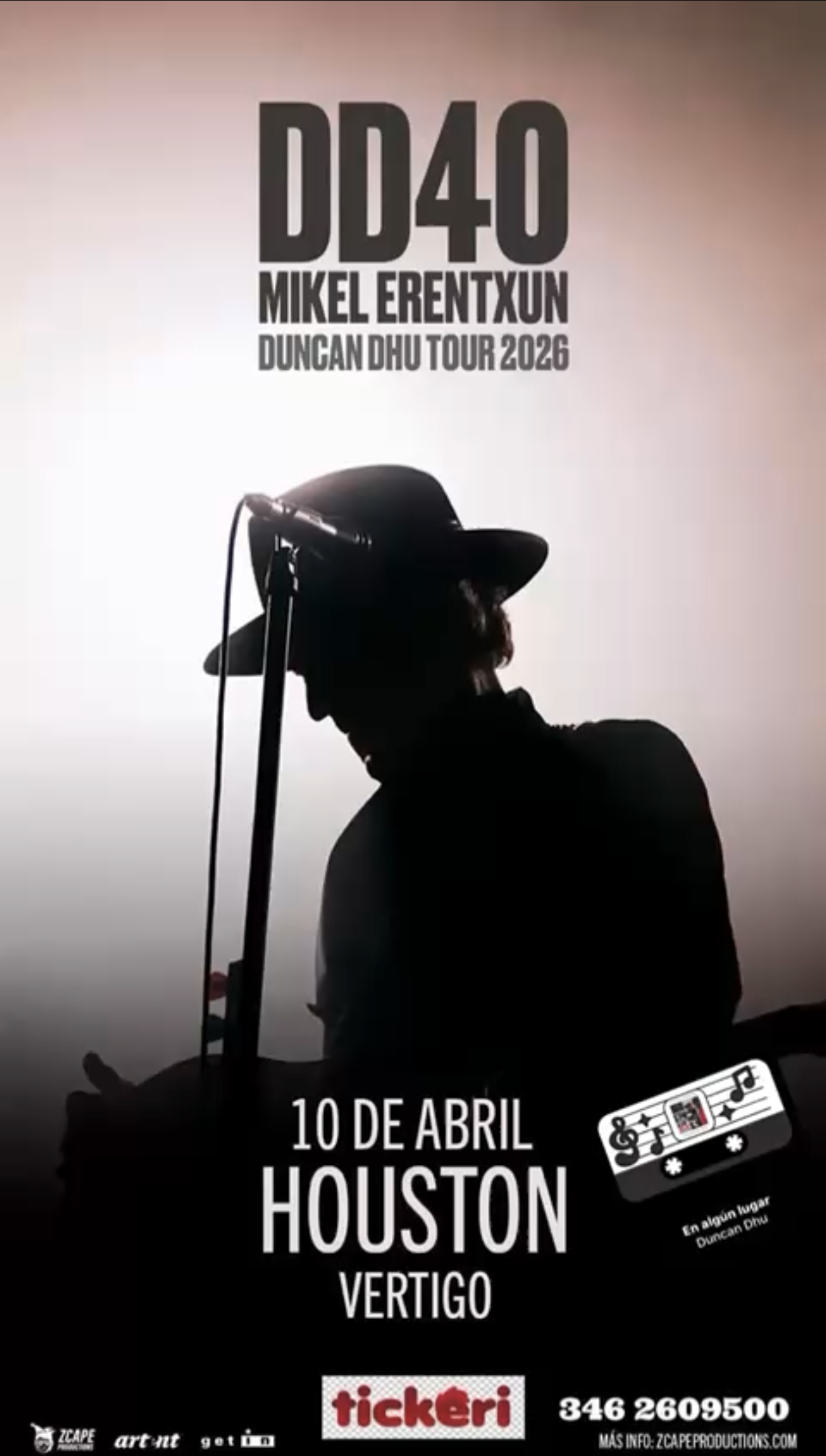 Silhouette of a person wearing a hat with a microphone stand, promotional poster for Mikel Erentxun's Duncan Dhu Tour 2026, showcasing concert in Houston on April 10 at Vertigo, with ticketing and contact information.