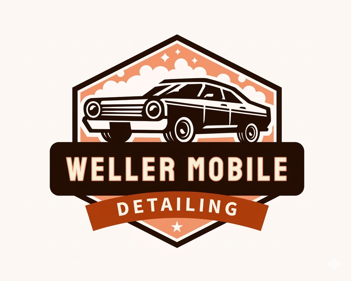 Logo for Weller Mobile Detailing featuring a vintage car illustration in front of a cloud background with badge-style design.