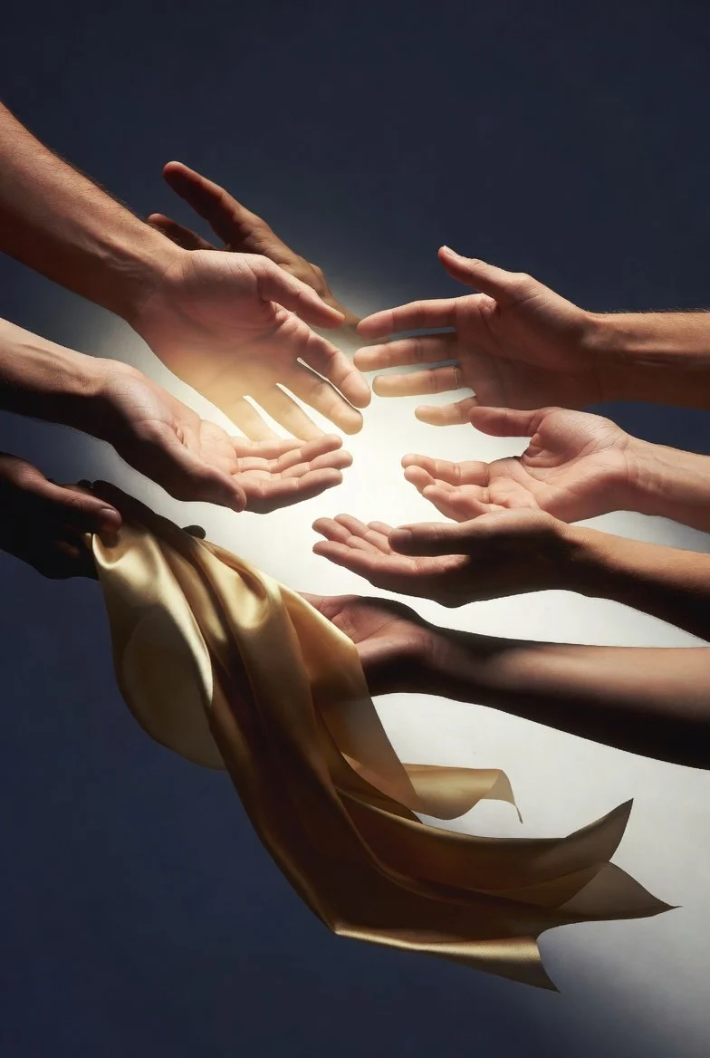 Multiple hands reaching toward each other, with a soft glowing light in the background and a piece of golden fabric draped over some hands.