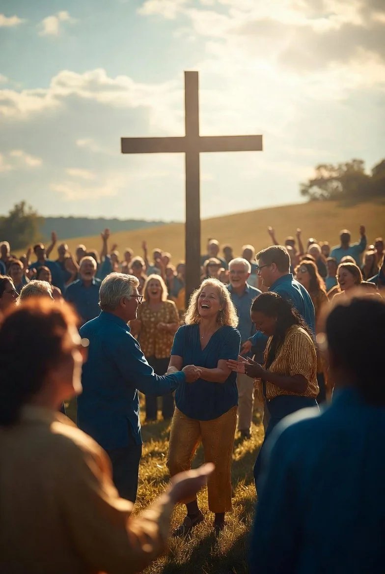 People gathered outdoors in front of a large cross during the late afternoon or early evening, with two individuals shaking hands and others smiling and celebrating.