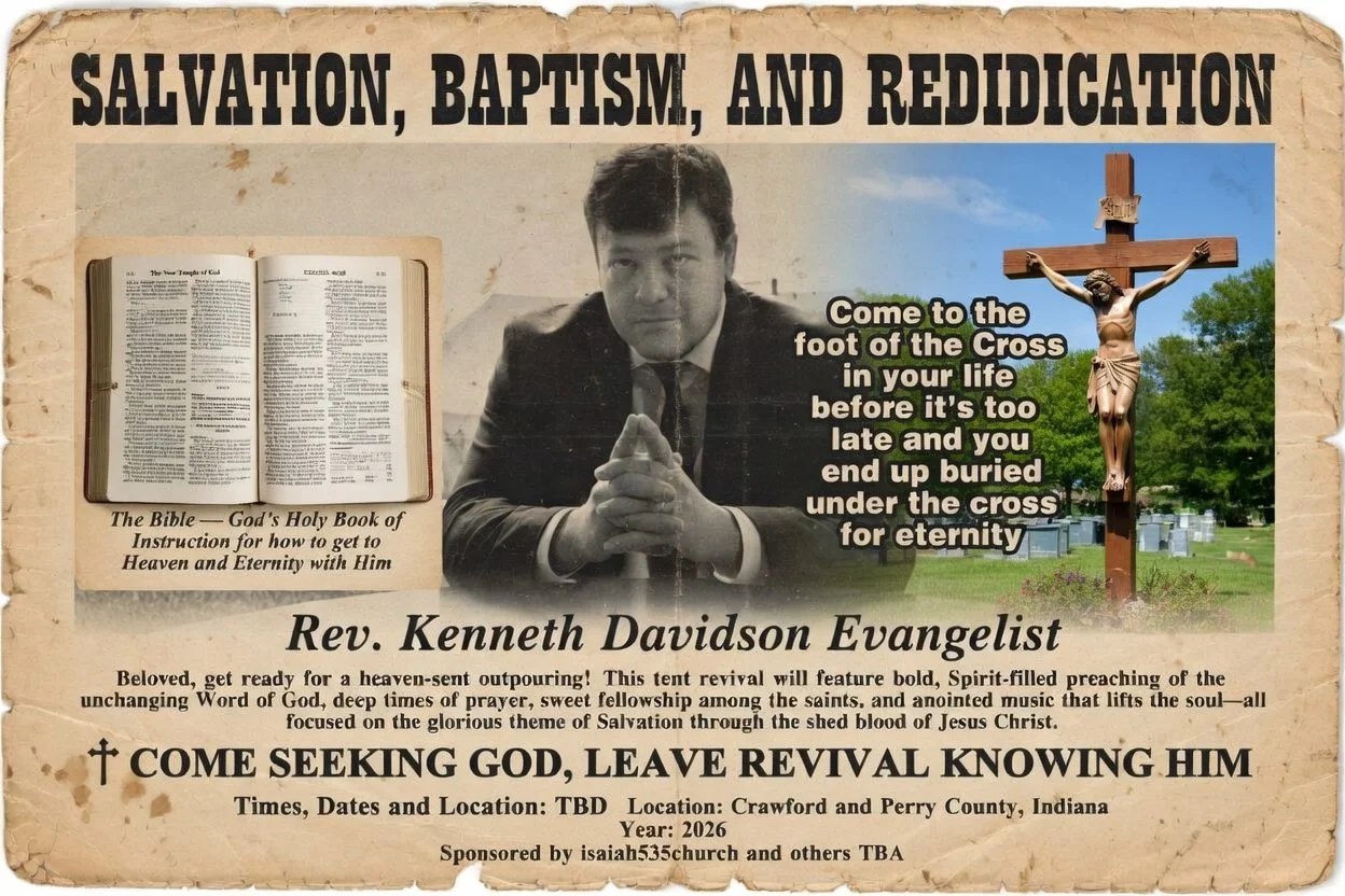 A vintage flyer promoting a religious revival event led by Reverend Kenneth Davidson, encouraging people to come to the cross in their life before it's too late, featuring an open Bible, a man in a suit with hands clasped, and a crucifix on a graveyard background.