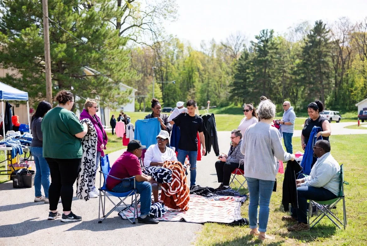 People browsing and selling items at an outdoor flea market on a sunny day, with trees and grass in the background.
