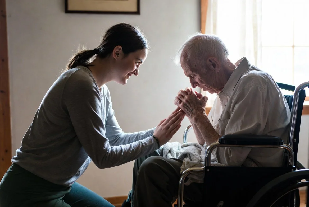 A young woman in a light gray long-sleeve shirt kneels and holds hands with an elderly man in a wheelchair, who has his head bowed and eyes closed, in a room with natural light from a window.