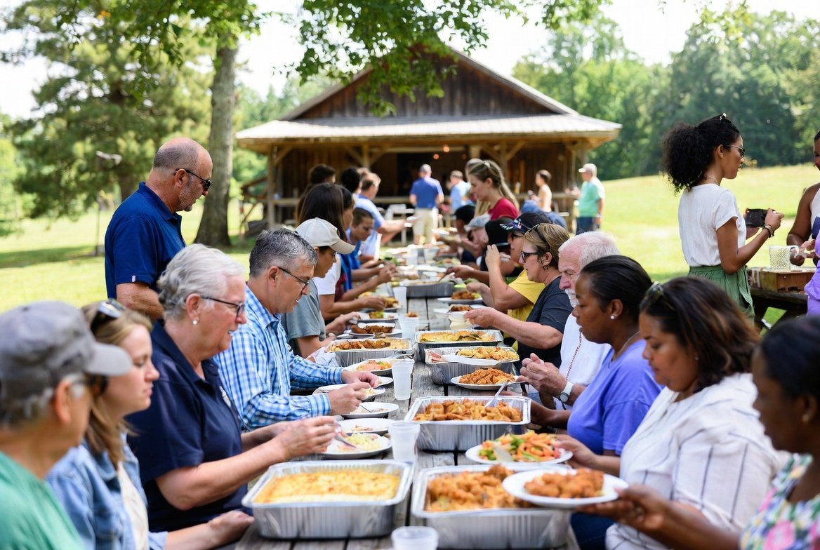 People gathered around a long outdoor picnic table enjoying a meal in a park-like setting with trees and a wooden pavilion in the background.
