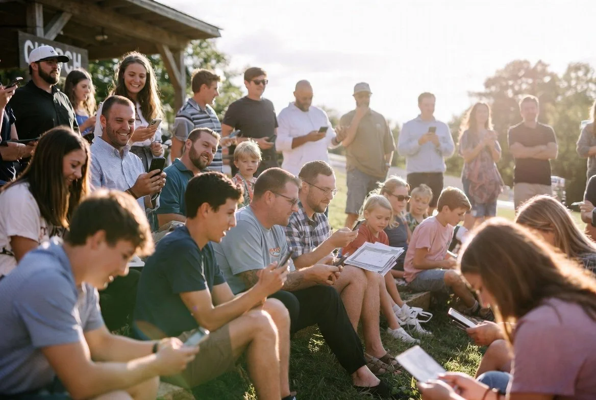 Group of people gathered outdoors, many looking at their phones, some sitting on grass, others standing, enjoying the sunny day.