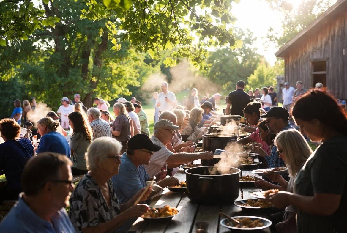 A large outdoor gathering of people enjoying a communal meal outdoors, with steam rising from pots on a long table, under a leafy tree in the late afternoon or early evening light.