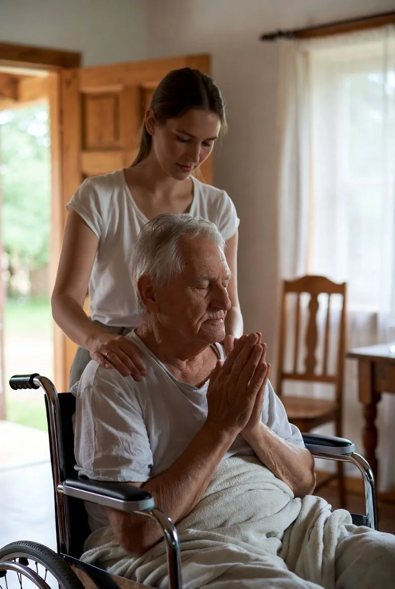 A young woman standing behind an elderly man in a wheelchair, holding his hands in prayer, inside a cozy home.