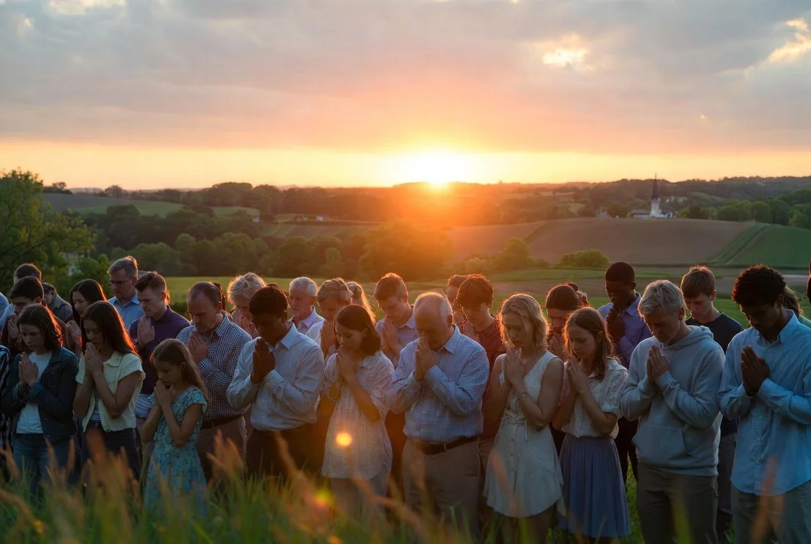 Group of people praying outdoors during sunset in a rural landscape.