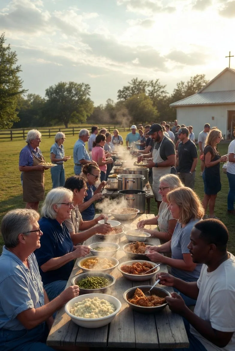 People gathered outdoors at a long table, enjoying a communal meal with dishes like fried chicken and vegetables, near a white church with a cross, during sunset.