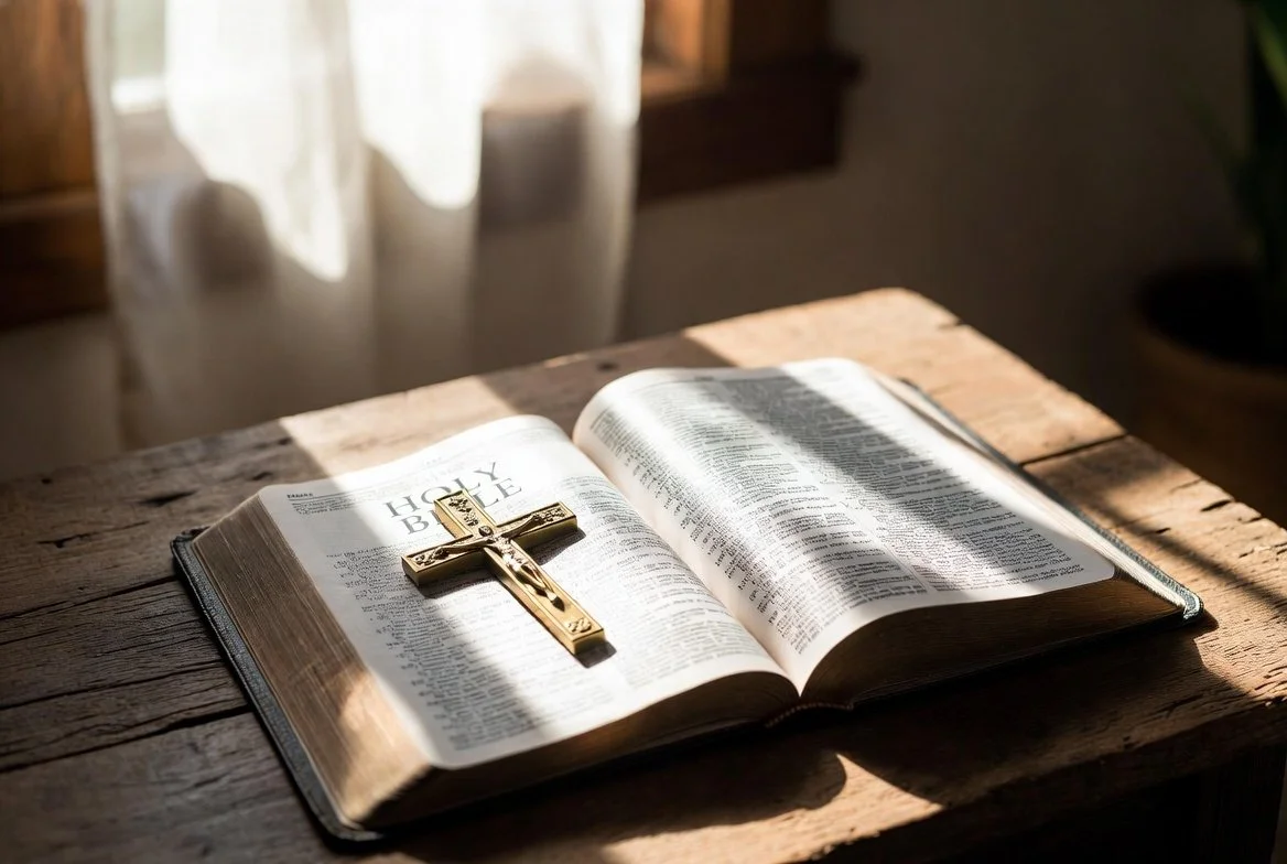 An open Bible with a small gold cross resting on it, placed on a wooden table in sunlight.